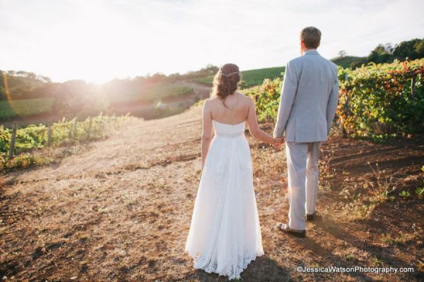 A bride and groom look out over the vineyard in a wedding photo.