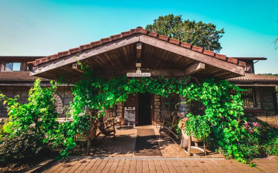 A view of the entrance to the winery and tasting room building.