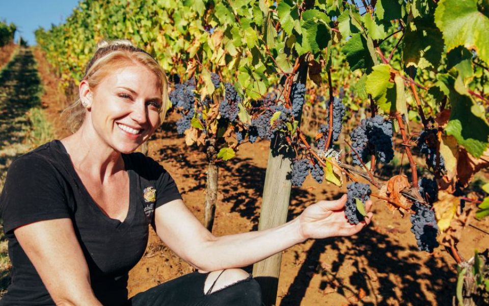 Winemaker, Ariel Eberle, shows off the beautiful Pinot noir fruit of Lakeview block